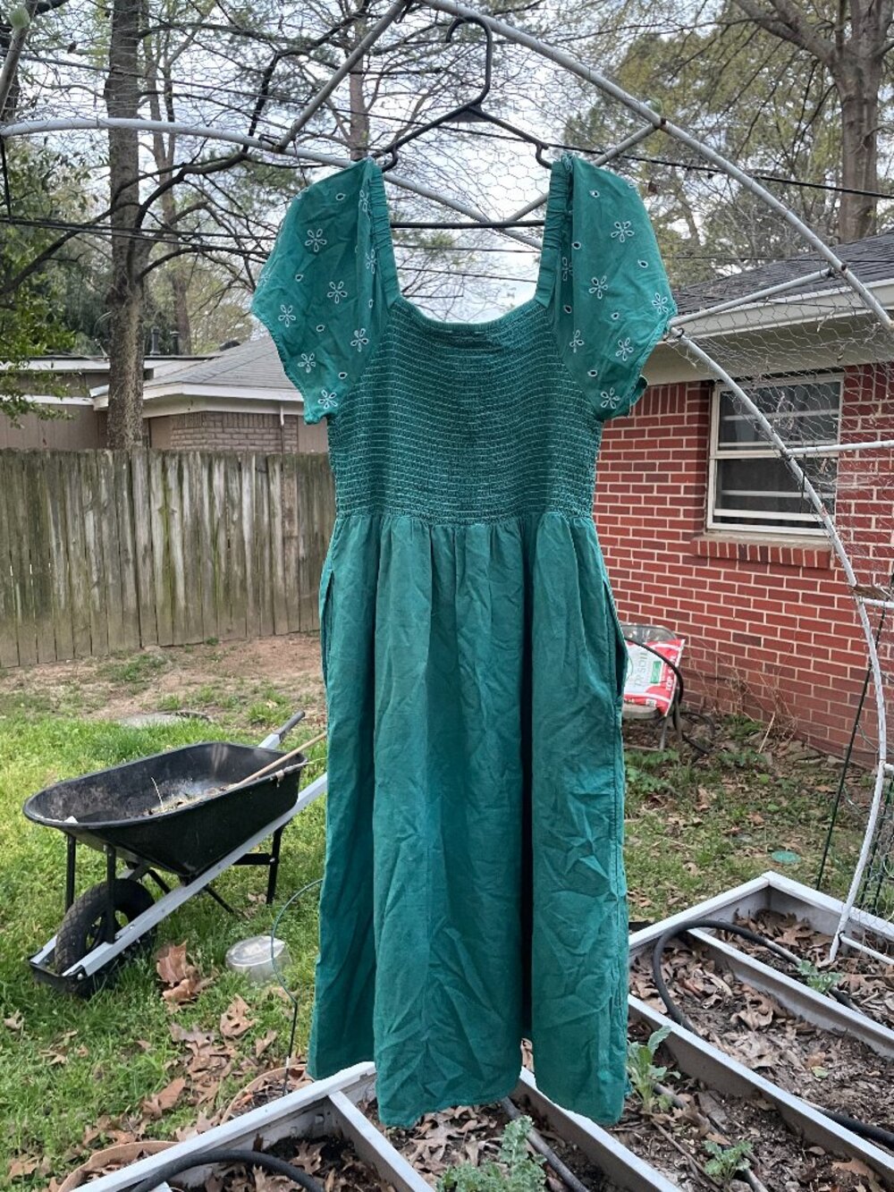 XL Teal Sundress - Smocked Eyelet Sleeves Midi Dress
